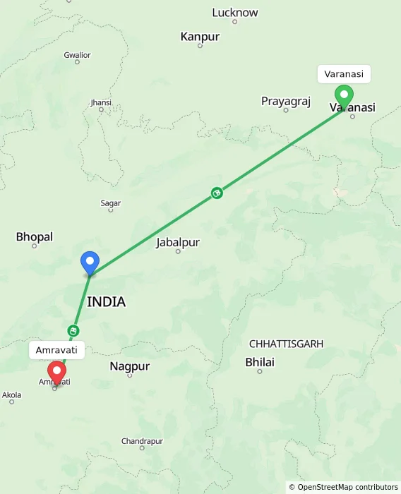 Route map showing distance and travel time from Varanasi, India to Amravati, India