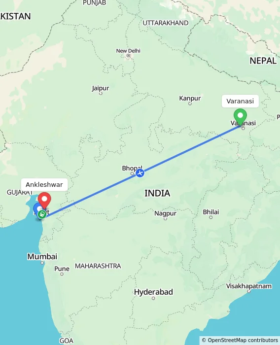 Route map showing distance and travel time from Varanasi, India to Ankleshwar, India