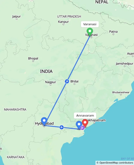 Route map showing distance and travel time from Varanasi, India to Annavaram, India