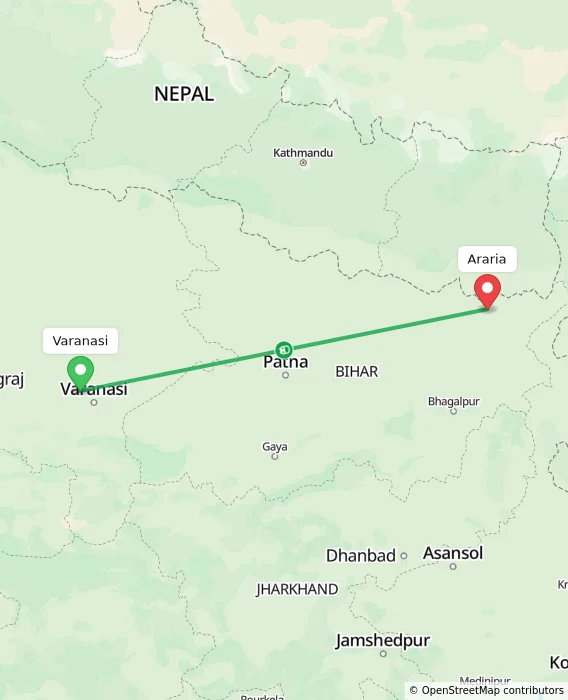 Route map showing distance and travel time from Varanasi, India to Araria, India