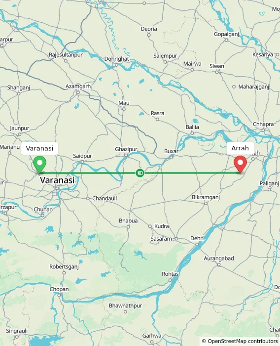 Route map showing distance and travel time from Varanasi, India to Arrah, India