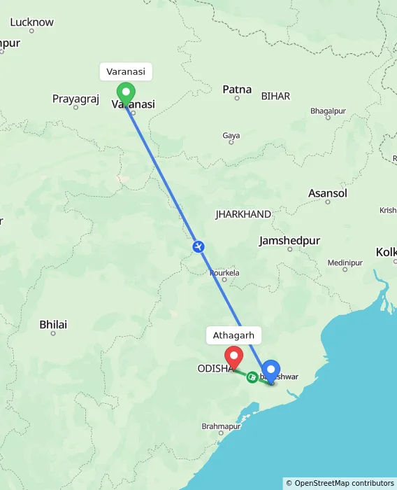 Route map showing distance and travel time from Varanasi, India to Athagarh, India
