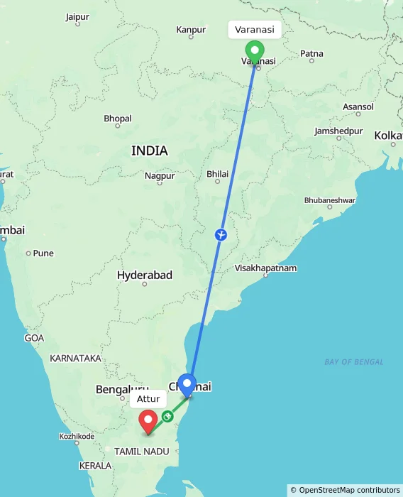 Route map showing distance and travel time from Varanasi, India to Attur, India