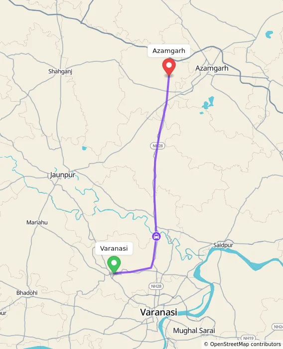 Route map showing distance and travel time from Varanasi, India to Azamgarh, India