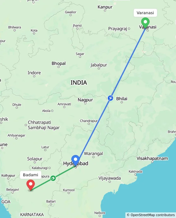 Route map showing distance and travel time from Varanasi, India to Badami, India