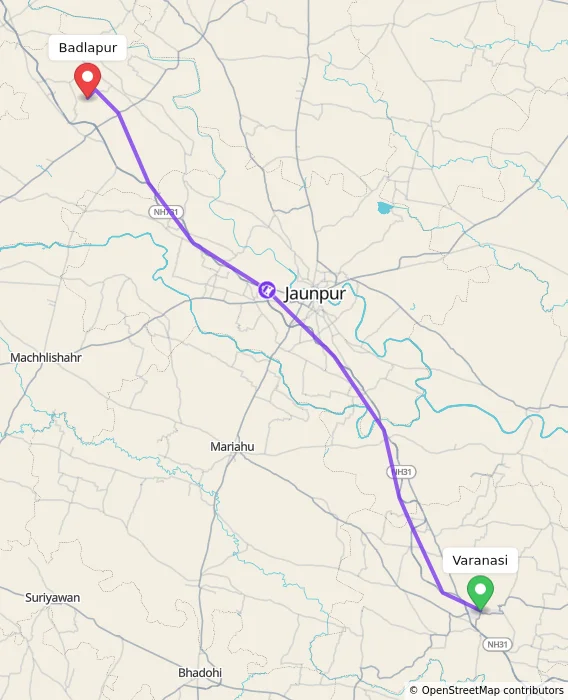Route map showing distance and travel time from Varanasi, India to Badlapur, India