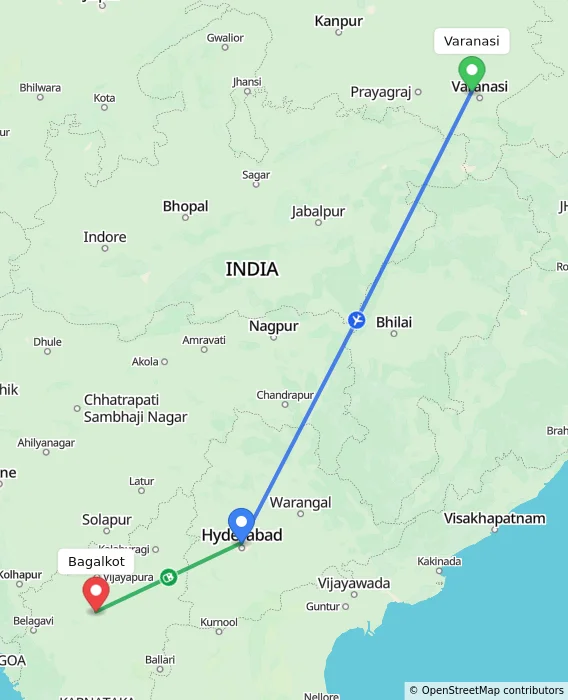 Route map showing distance and travel time from Varanasi, India to Bagalkot, India