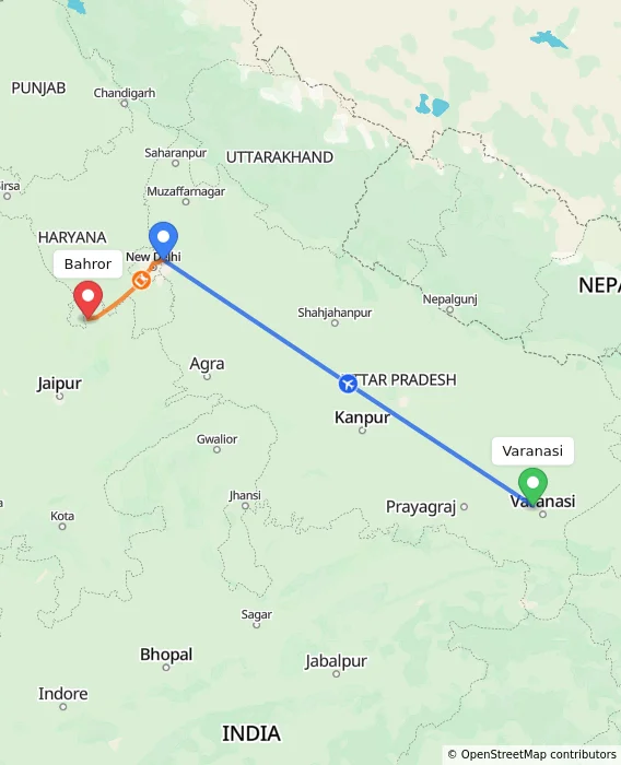 Route map showing distance and travel time from Varanasi, India to Bahror, India