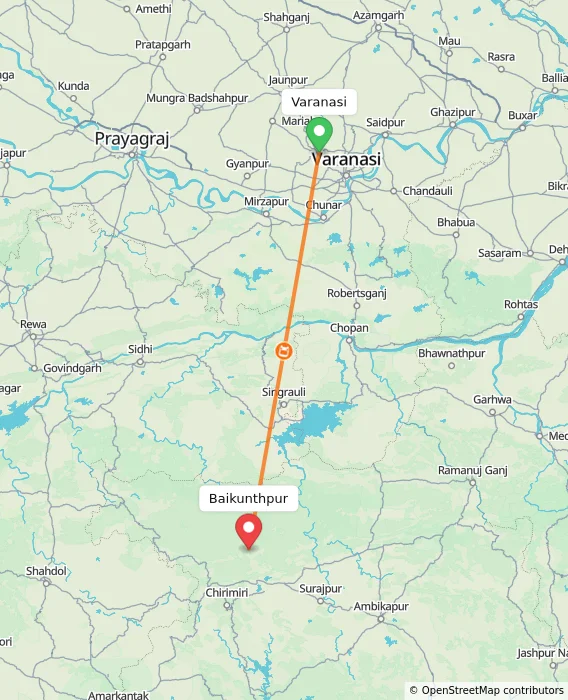 Route map showing distance and travel time from Varanasi, India to Baikunthpur, India