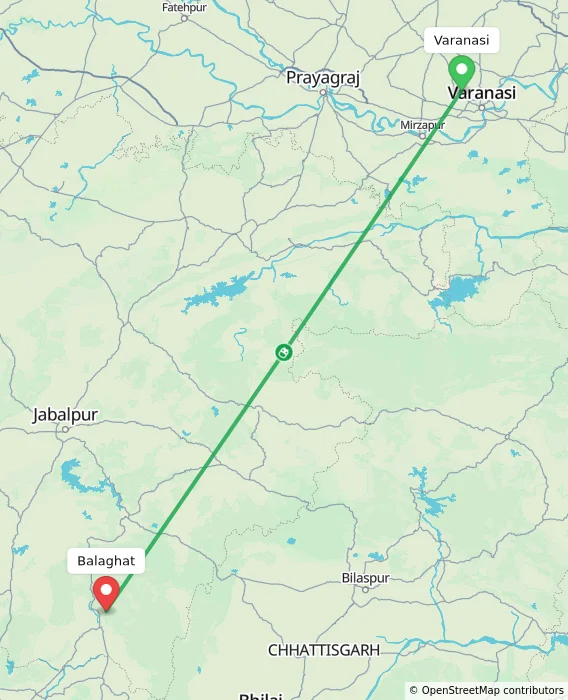Route map showing distance and travel time from Varanasi, India to Balaghat, India