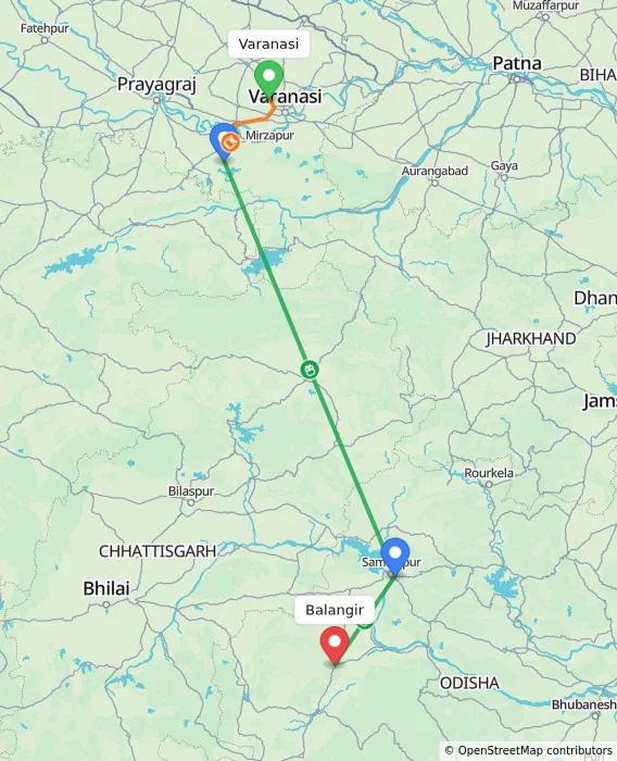 Route map showing distance and travel time from Varanasi, India to Balangir, India