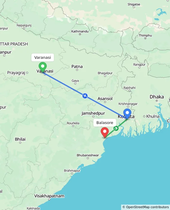 Route map showing distance and travel time from Varanasi, India to Balasore, India