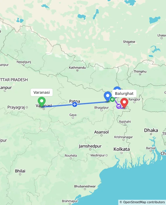 Route map showing distance and travel time from Varanasi, India to Balurghat, India