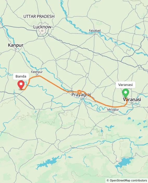 Route map showing distance and travel time from Varanasi, India to Banda, India