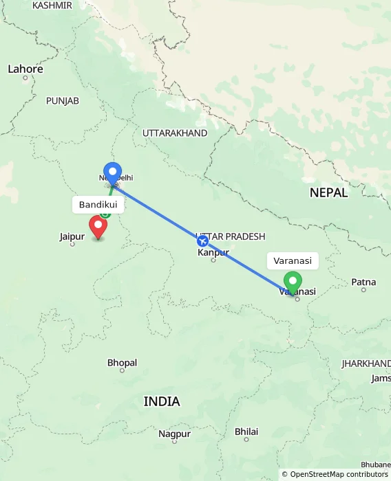 Route map showing distance and travel time from Varanasi, India to Bandikui, India