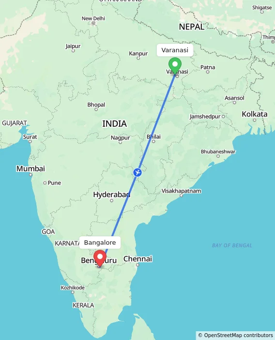 Route map showing distance and travel time from Varanasi, India to Bangalore, India