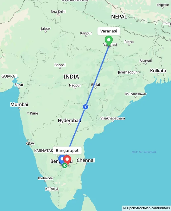Route map showing distance and travel time from Varanasi, India to Bangarapet, India