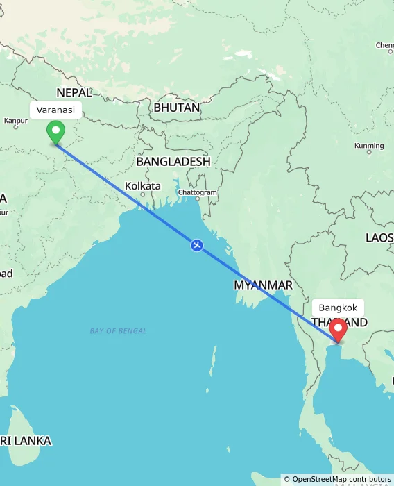 Route map showing distance and travel time from Varanasi, India to Bangkok, Thailand