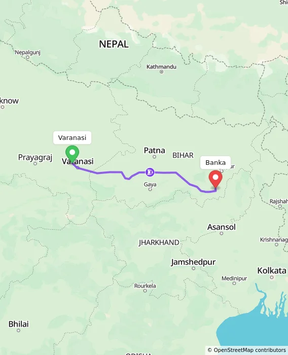 Route map showing distance and travel time from Varanasi, India to Banka, India