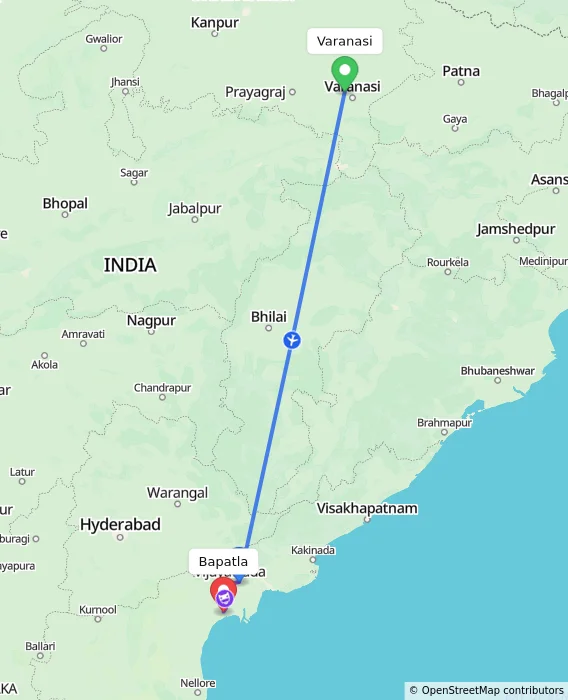 Route map showing distance and travel time from Varanasi, India to Bapatla, India
