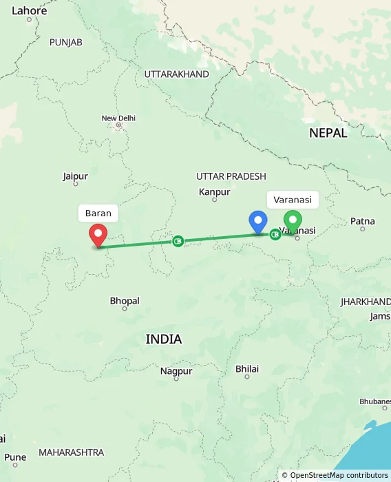 Route map showing distance and travel time from Varanasi, India to Baran, India