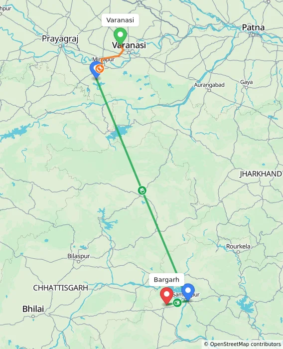 Route map showing distance and travel time from Varanasi, India to Bargarh, India