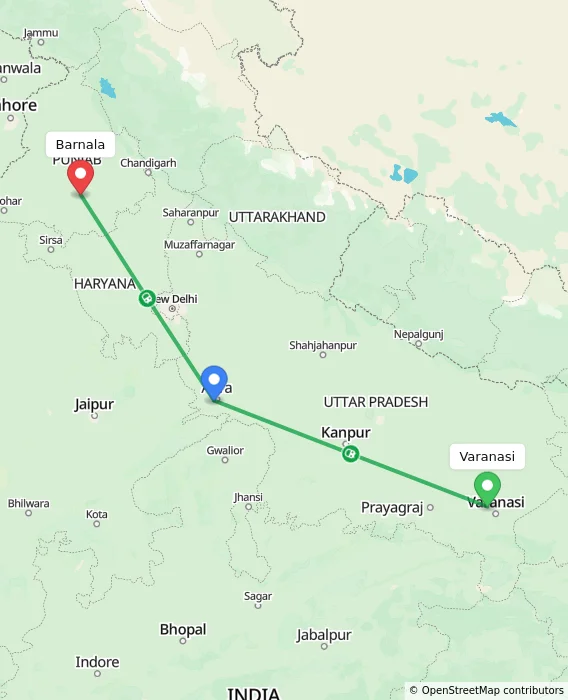 Route map showing distance and travel time from Varanasi, India to Barnala, India