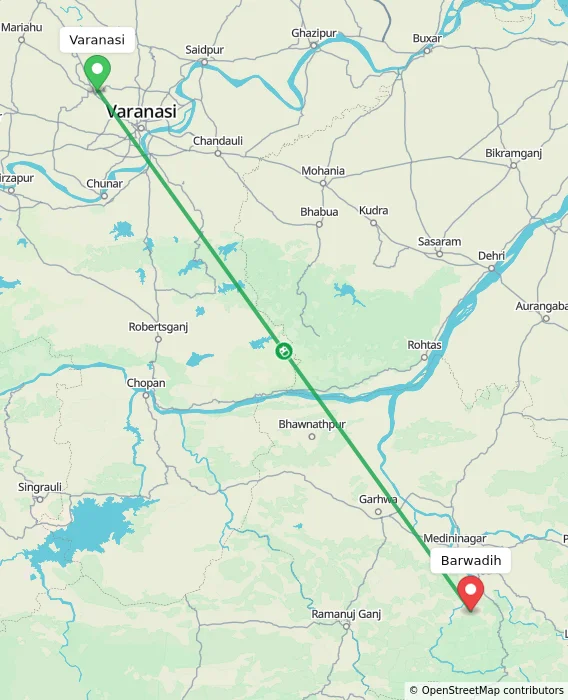Route map showing distance and travel time from Varanasi, India to Barwadih, India
