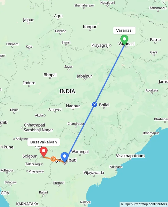 Route map showing distance and travel time from Varanasi, India to Basavakalyan, India