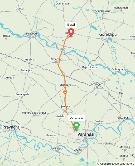 Route map showing distance and travel time from Varanasi, India to Basti, India
