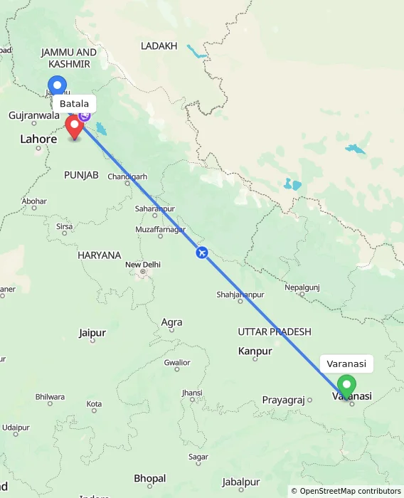 Route map showing distance and travel time from Varanasi, India to Batala, India