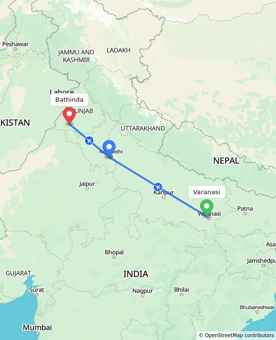 Route map showing distance and travel time from Varanasi, India to Bathinda, India