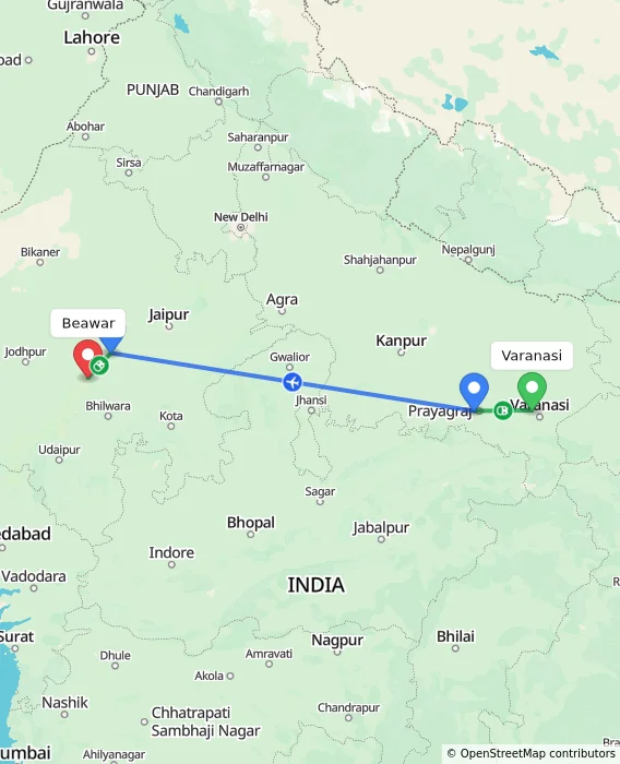Route map showing distance and travel time from Varanasi, India to Beawar, India