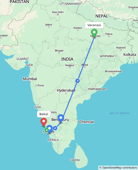 Route map showing distance and travel time from Varanasi, India to Bekal, India