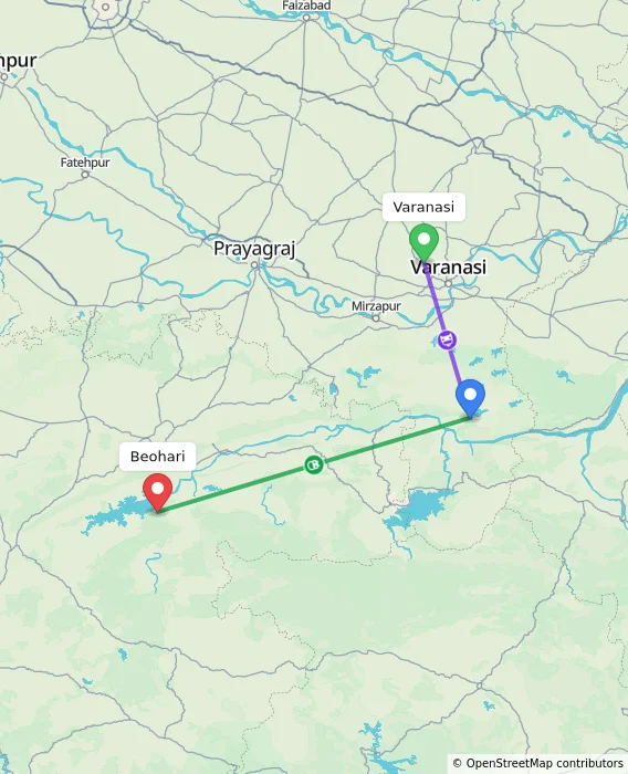 Route map showing distance and travel time from Varanasi, India to Beohari, India