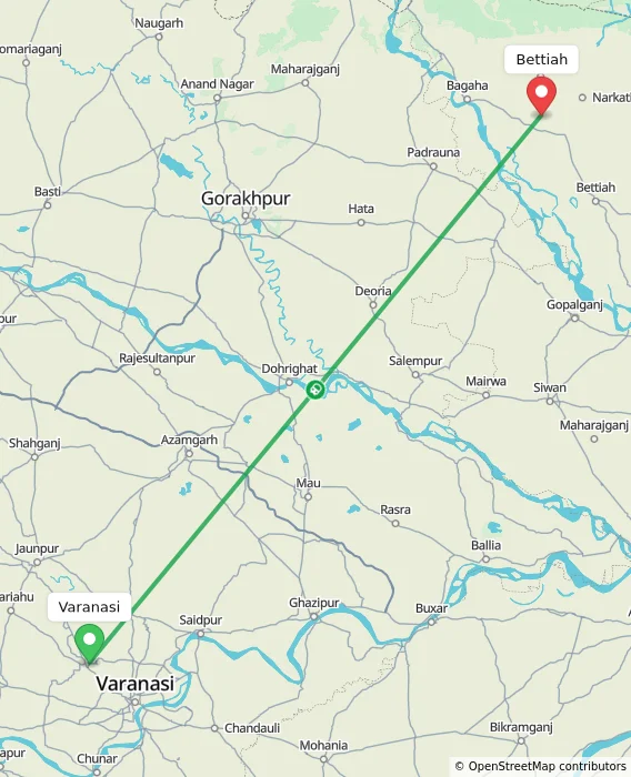 Route map showing distance and travel time from Varanasi, India to Bettiah, India