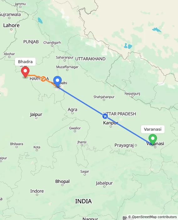Route map showing distance and travel time from Varanasi, India to Bhadra, India