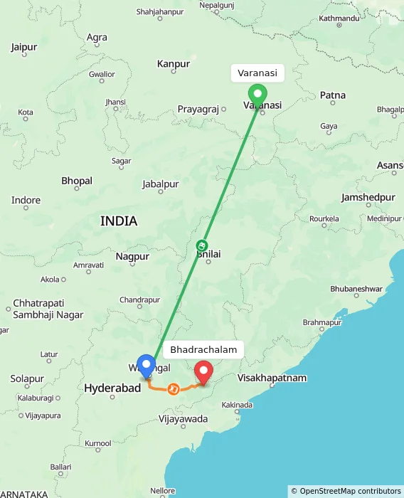Route map showing distance and travel time from Varanasi, India to Bhadrachalam, India