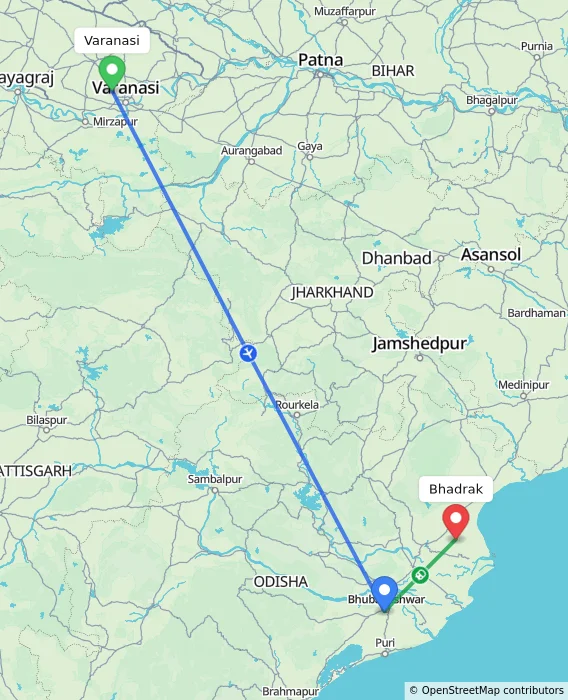 Route map showing distance and travel time from Varanasi, India to Bhadrak, India