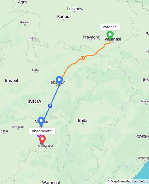 Route map showing distance and travel time from Varanasi, India to Bhadravathi, India