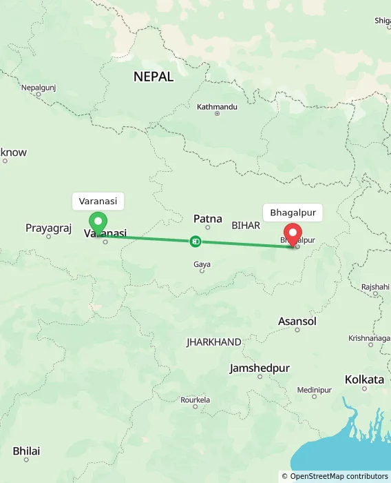Route map showing distance and travel time from Varanasi, India to Bhagalpur, India