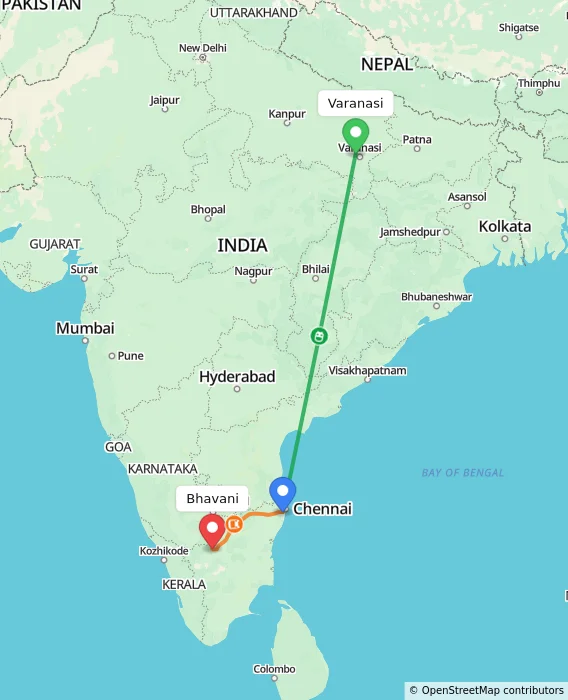 Route map showing distance and travel time from Varanasi, India to Bhavani, India