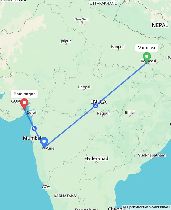 Route map showing distance and travel time from Varanasi, India to Bhavnagar, India