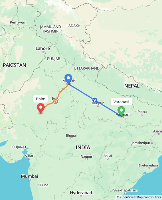Route map showing distance and travel time from Varanasi, India to Bhim, India