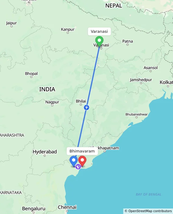 Route map showing distance and travel time from Varanasi, India to Bhimavaram, India