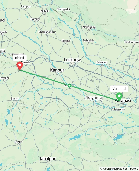 Route map showing distance and travel time from Varanasi, India to Bhind, India