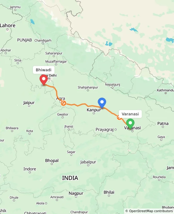 Route map showing distance and travel time from Varanasi, India to Bhiwadi, India