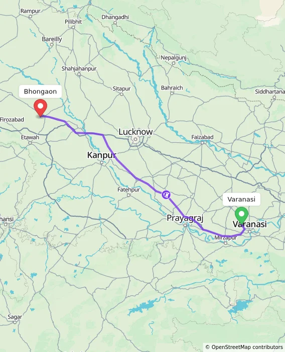 Route map showing distance and travel time from Varanasi, India to Bhongaon, India