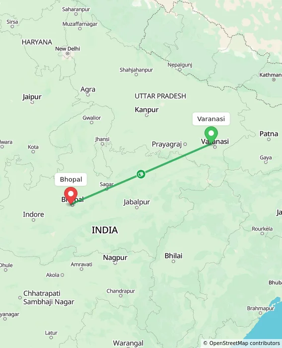 Route map showing distance and travel time from Varanasi, India to Bhopal, India