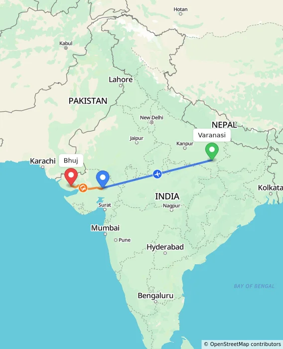 Route map showing distance and travel time from Varanasi, India to Bhuj, India